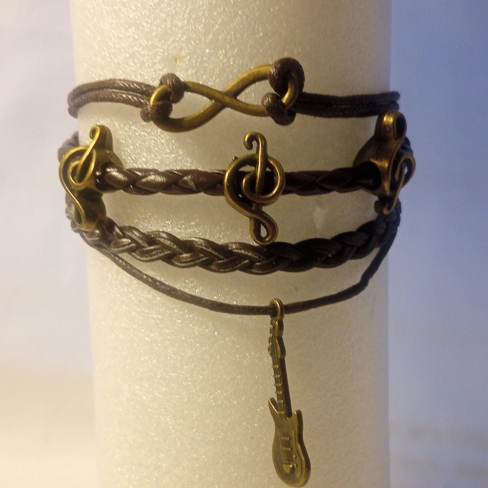 Brown Braided Musical Charm Bracelet 7in